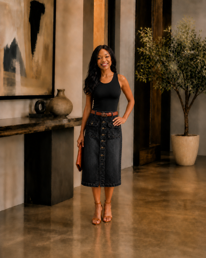 The Marlow Button-Front Denim Midi Skirt