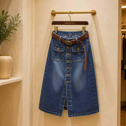The Marlow Button-Front Denim Midi Skirt