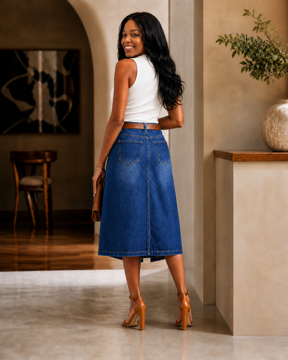 The Marlow Button-Front Denim Midi Skirt