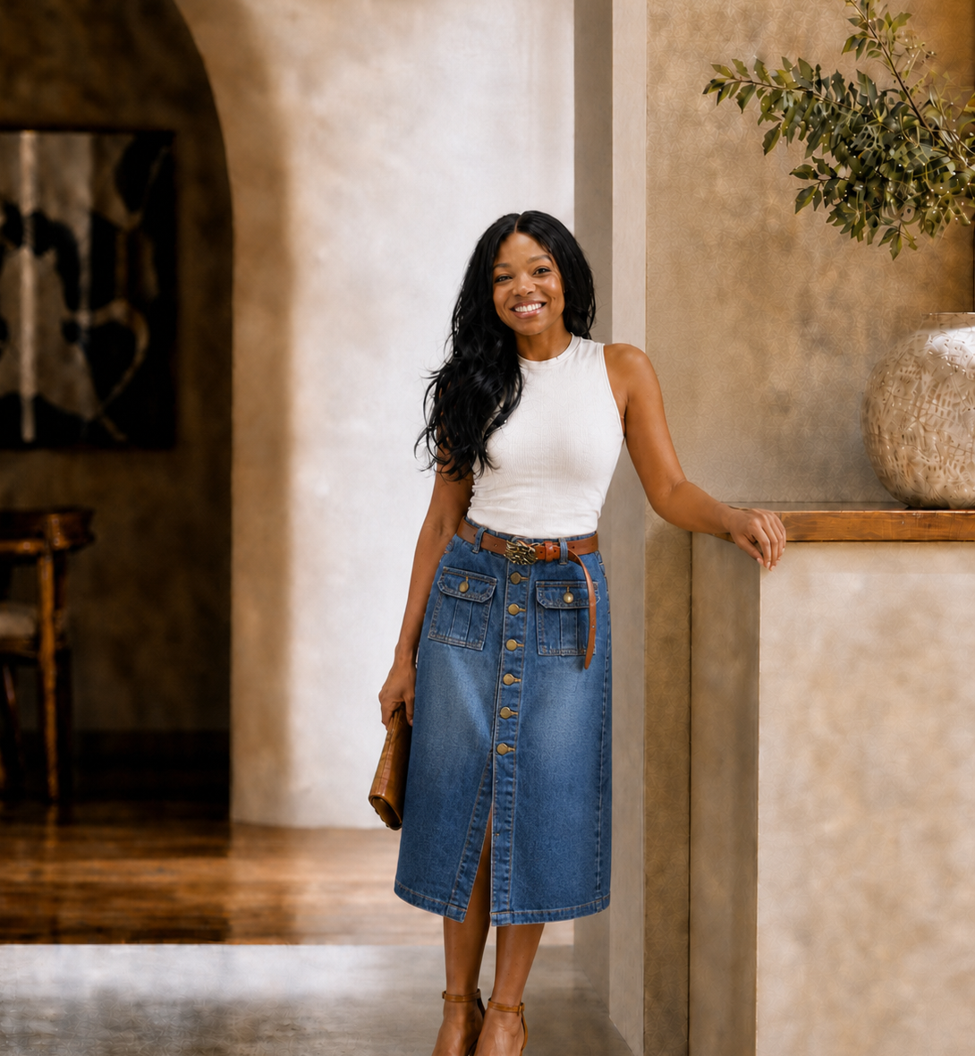 The Marlow Button-Front Denim Midi Skirt