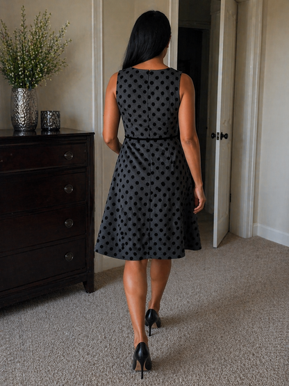 Back view polka dot dress with fit and flare silhouette