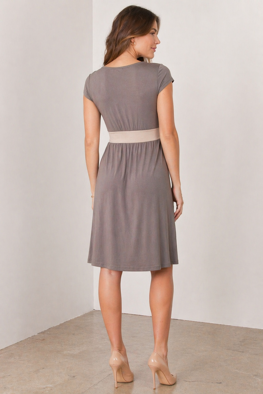 taupe wrap dress back view on model