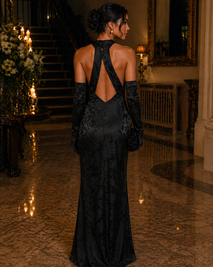black halter gown open back view