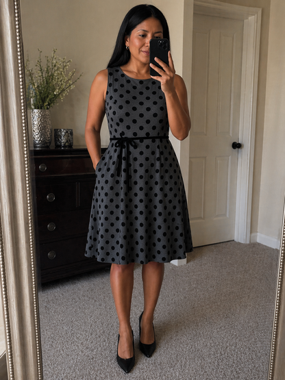Gray polka dot dress with waist tie front view