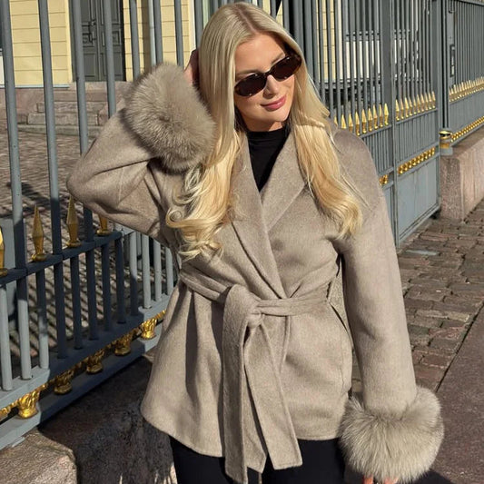 The Refined Wrap Coat in beige with faux fur trim
