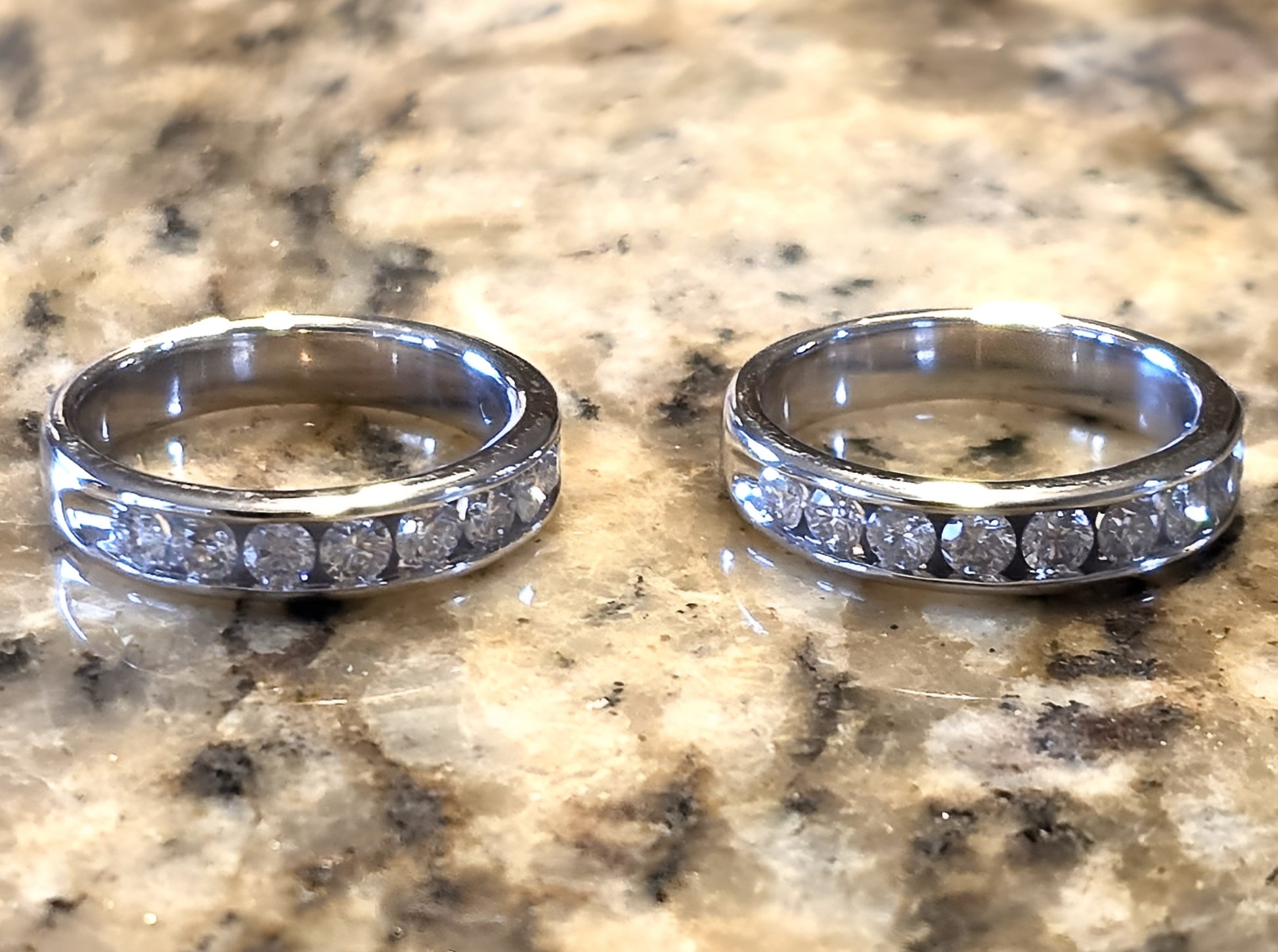 two diamond channel bands side by side showing matching design and detail