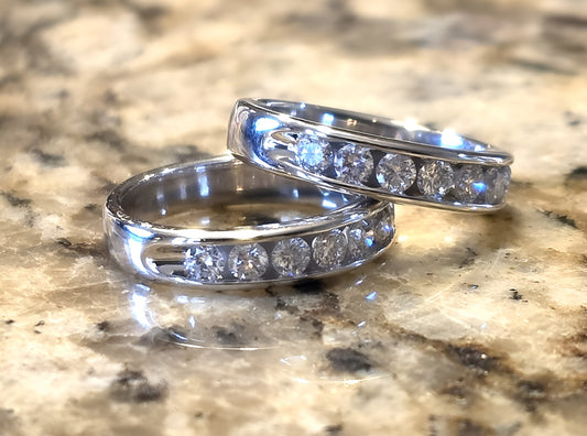14K white gold diamond channel bands stacked showing sparkle and depth.